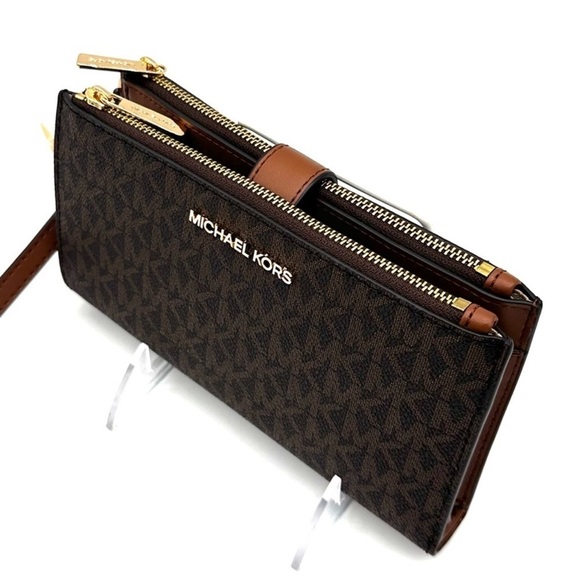 Michael Kors Large Double Zip Wallet Wristlet Brown/Gold - Picture 6 of 8